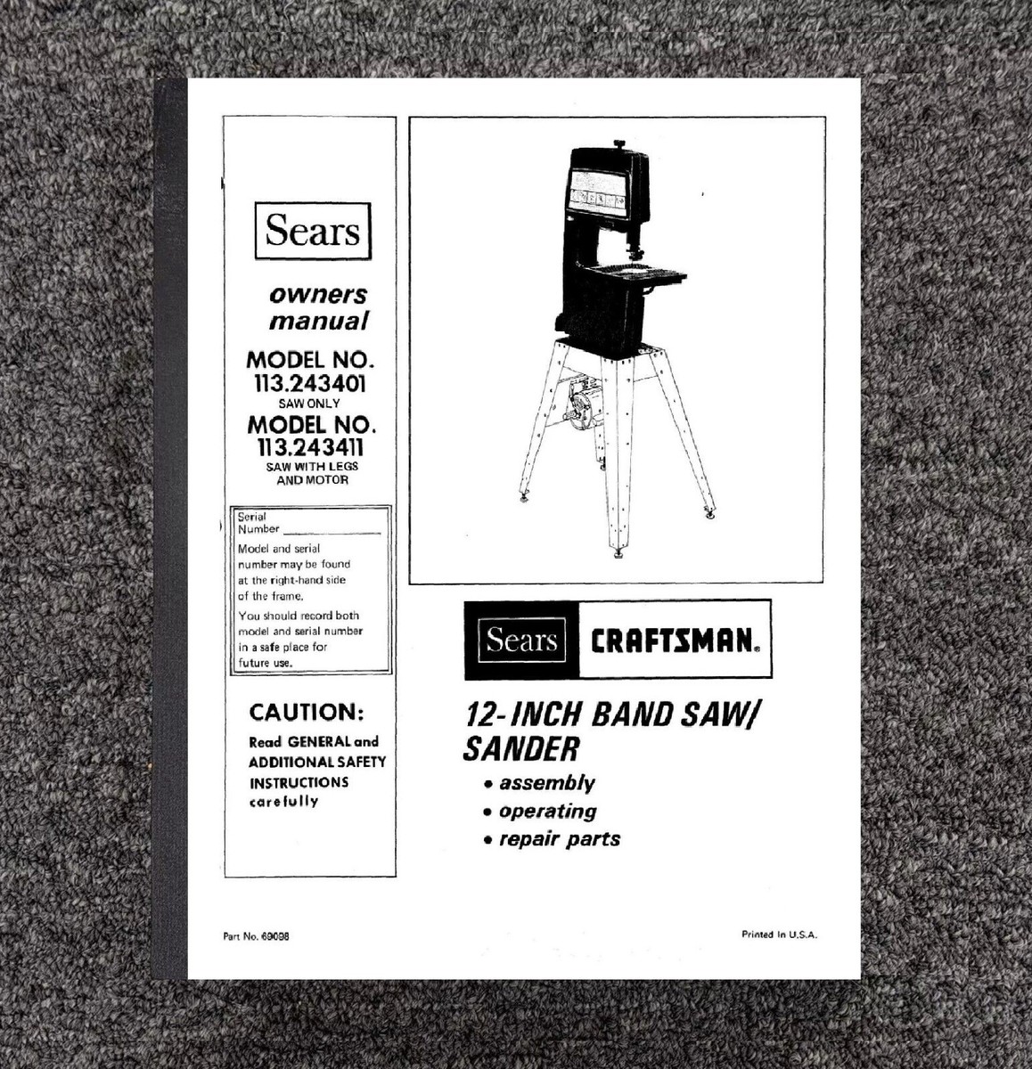 Band Saw Owner's Repair Manual Fits Craftsman 12 inch 113.243401