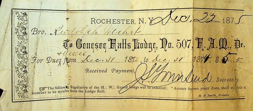 Masonic Temple 1875 Genesee Falls Lodge Rochester NY #507 F&AM Receipt