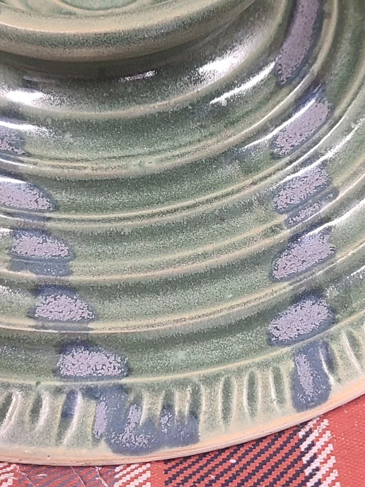 Candelabro de gres cerámica arte estudio vintage patrón de remolino verde 9x2" Foto 4 de 4