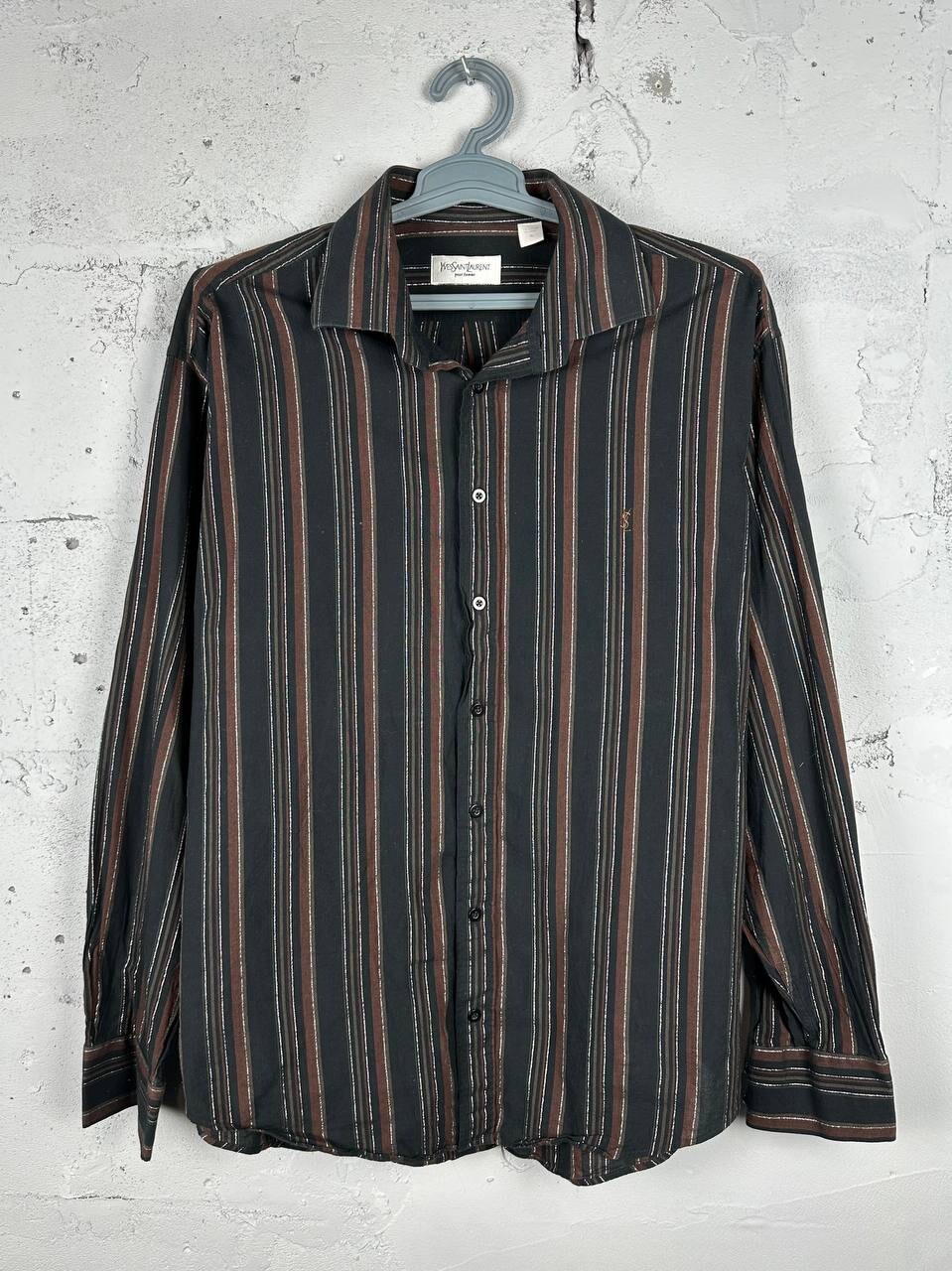 SAINT LAURENT Camicia YSL marrone a righe LS morbida con bottoni taglia XL