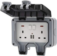 IP66 Weatherproof Outdoor Sockets 13A 2 Gang Plug & USB Charging Port & Cover UK
