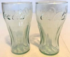 2 Retro Vintage Coke Glasses Coca Cola Green Embossed Coke 4 1/2 Inches Tall