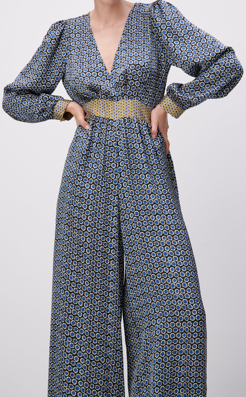 Zara Blue/Black Geometric Print Long Sleeve Satin Jumpsuit SIZE XS RRP £49.99