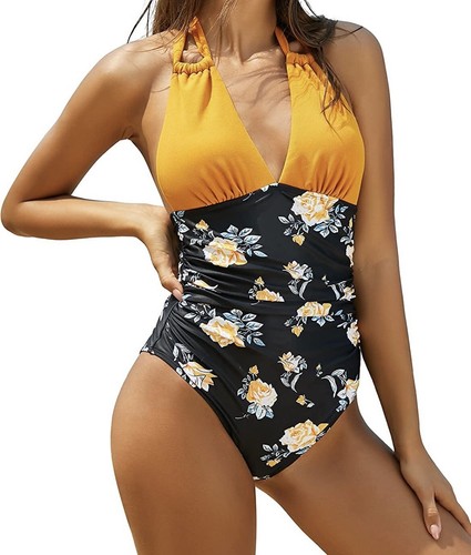 Women's V-Neck Halter One Piece Swimsuit Ruched Tummy Control Bathing Suit