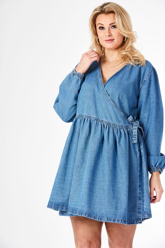 New Womens Denim Dress Mid Blue Wrap 