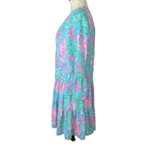 Lilly Pulitzer Gabriel Dress Size 0 Amalfi Fish Blue Pink Bell Sleeve Tiered Mod - Picture 2 of 24