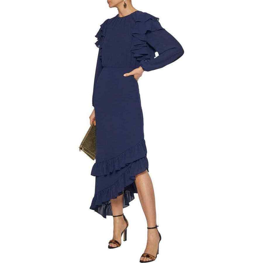 New Mikael Aghal Sz 4 Asymmetric Ruffled Crepe Dress Navy Midi Long Sleeve  $945 | eBay