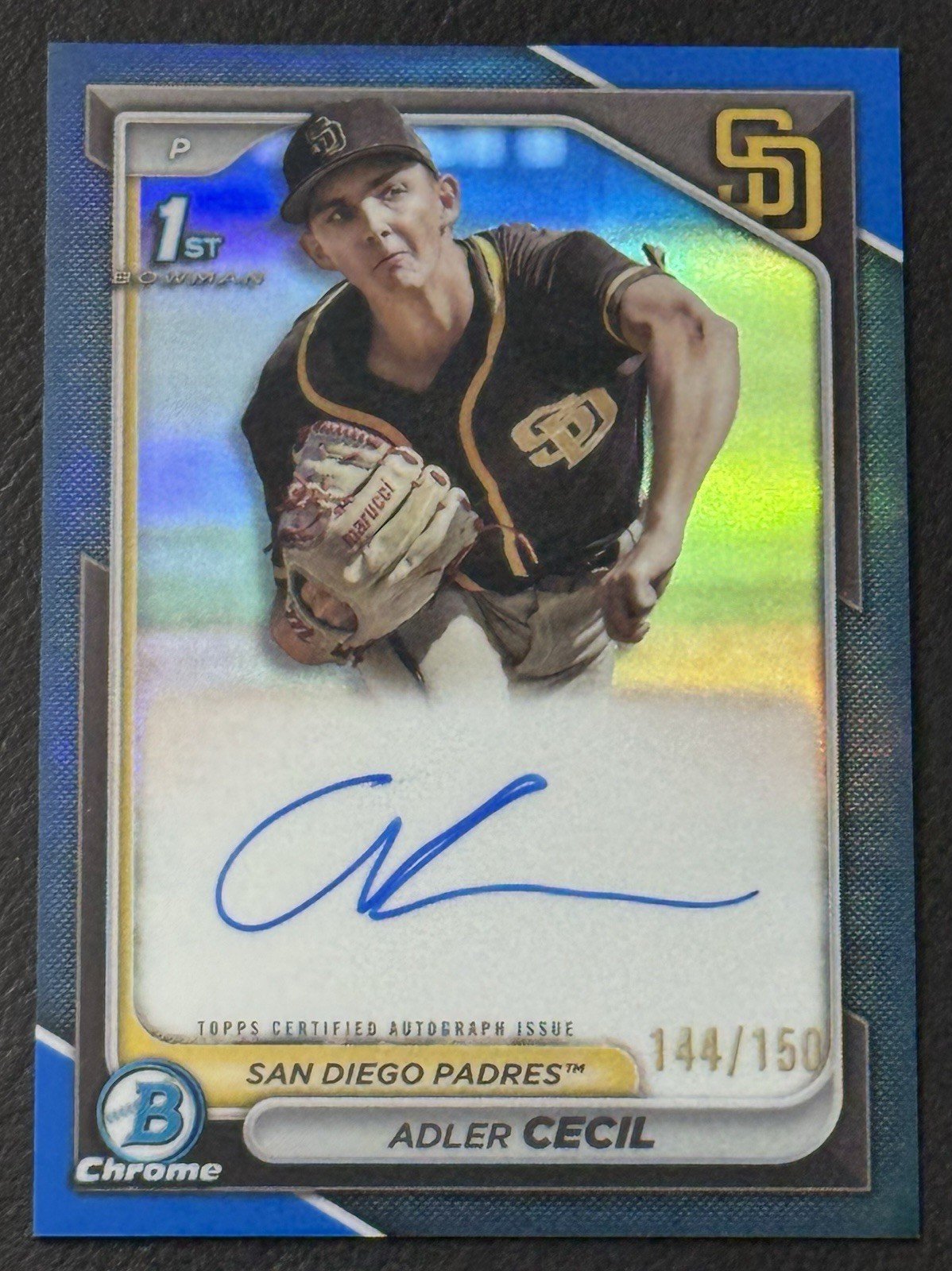 Adler Cecil 2024 Bowman Chrome 1st Blue Refractor Auto 144/150 #CPA-CA Padres