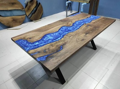 Walnut Blue Epoxy River Table Top Live Edge Custom Dining Handmade