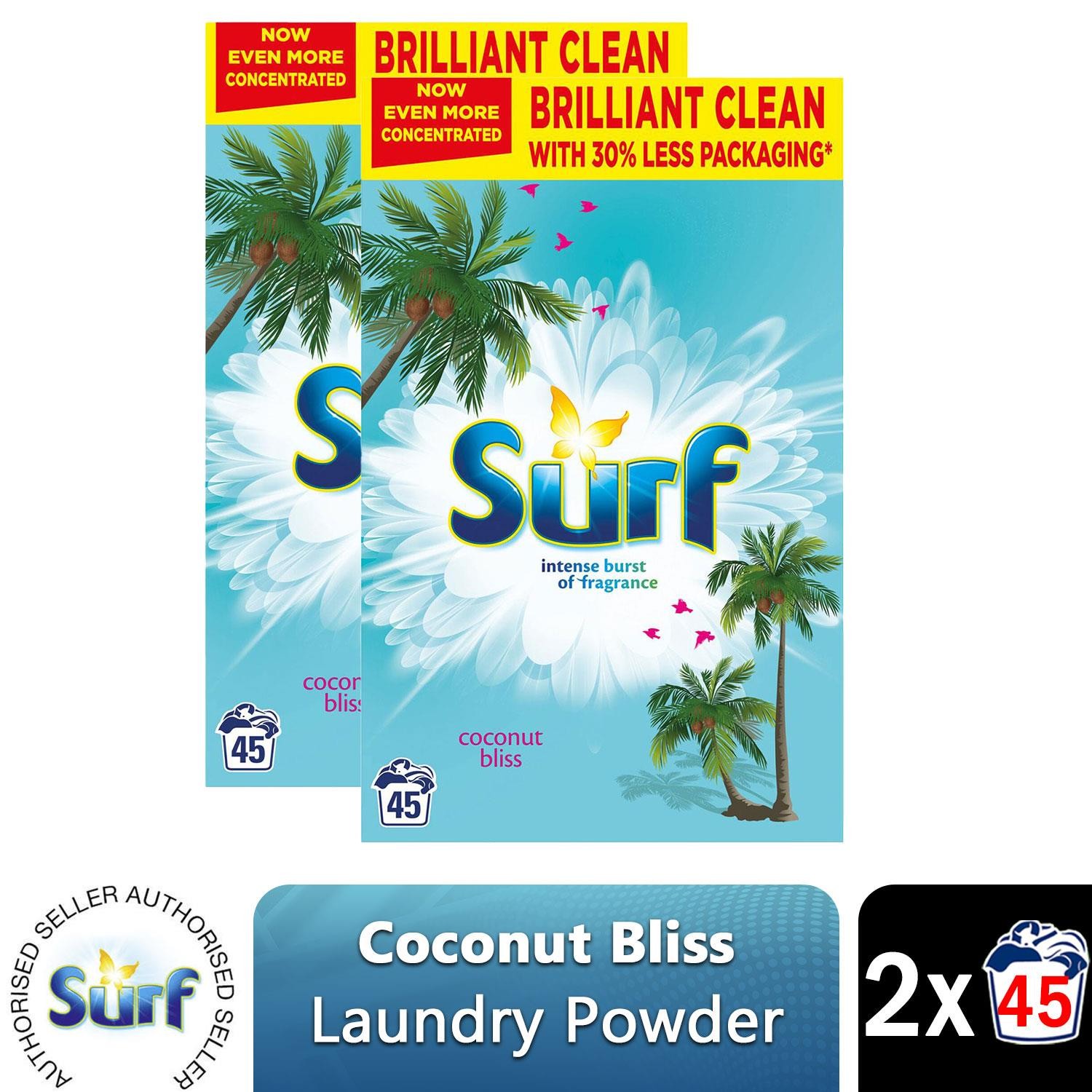 2x of 45Washes Surf Concentrated Coconut Bliss Laundry Powder 2.25kg, Total 90W