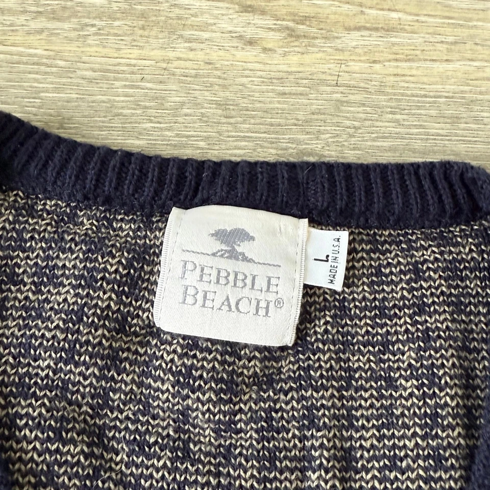 Suéter de golf vintage Pebble Beach pata de gallo cuello en V para hombre largo azul marino/beige preppy Foto 3 de 4