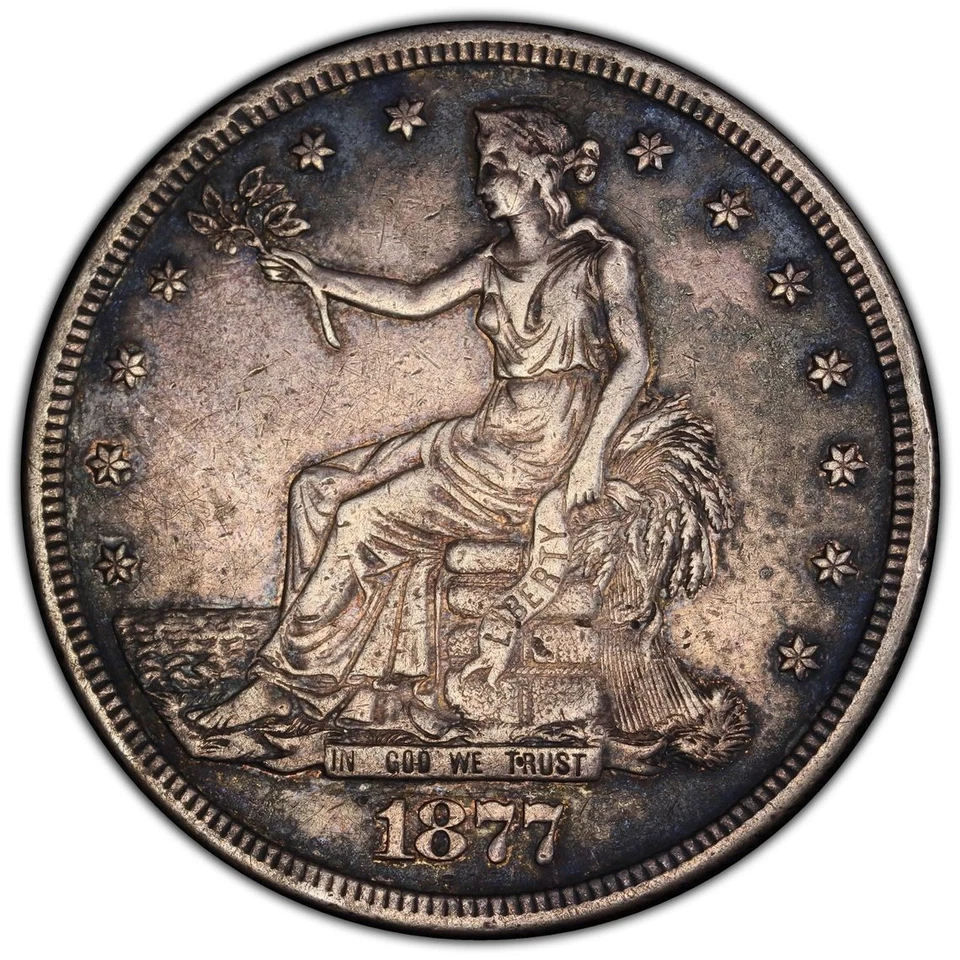 Trade Dollar 1877 S - Dettagli PCGS XF. Bella moneta d'argento USA. - Immagine 3 di 4