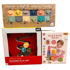 3 toys for 12 mos  Stick and stack blocks, wooden play set and soft bldg blocks