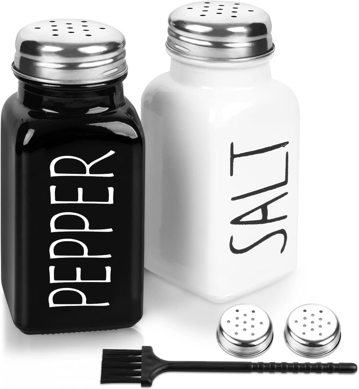 2 Pack Salt and Pepper Shakers Set, Glass Shaker with Stainless Steel Lid, Moder