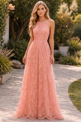 MAGNOLIA BOUTIQUE Peach Lace Long Halter Boho Maxi Built In Romper Dress Size M