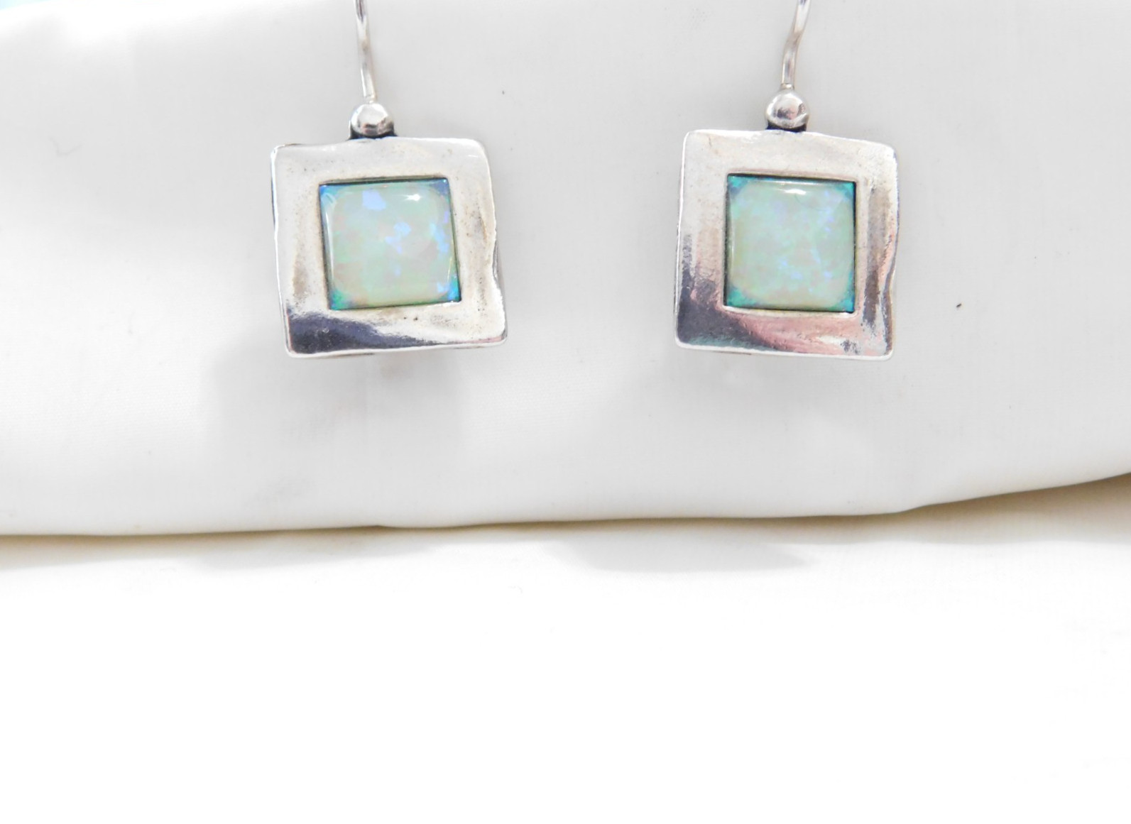 Sterling Silver 925 Square Opal Dangle Earrings M… - image 1