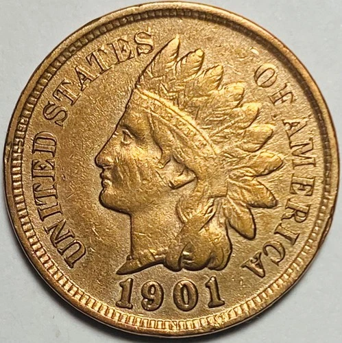 1901 (AU+) U.S. INDIAN HEAD CENT COPPER PENNY 1c COIN (About Uncirculated+)