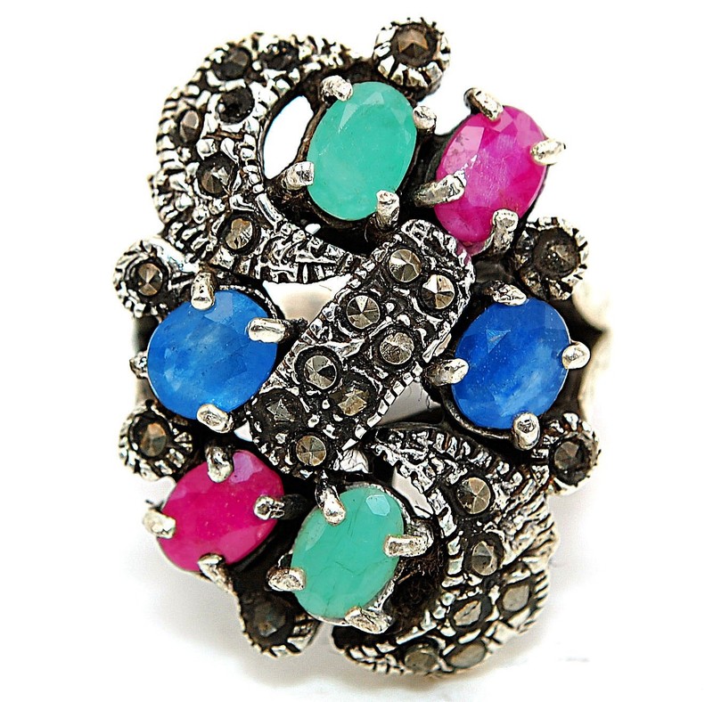 Multigemstone Marcasite 925 Solid Sterling Silver Ring Sz 10 PC13-7