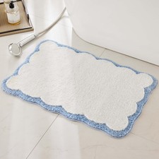 Luxury Microfiber Bathroom Rugs, White Bath Rug with Blue Scalloped Piping Cu...