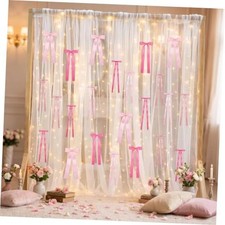 10 8ft White Tulle Backdrop Curtain with Lights String and 40 Pcs Pink Bow