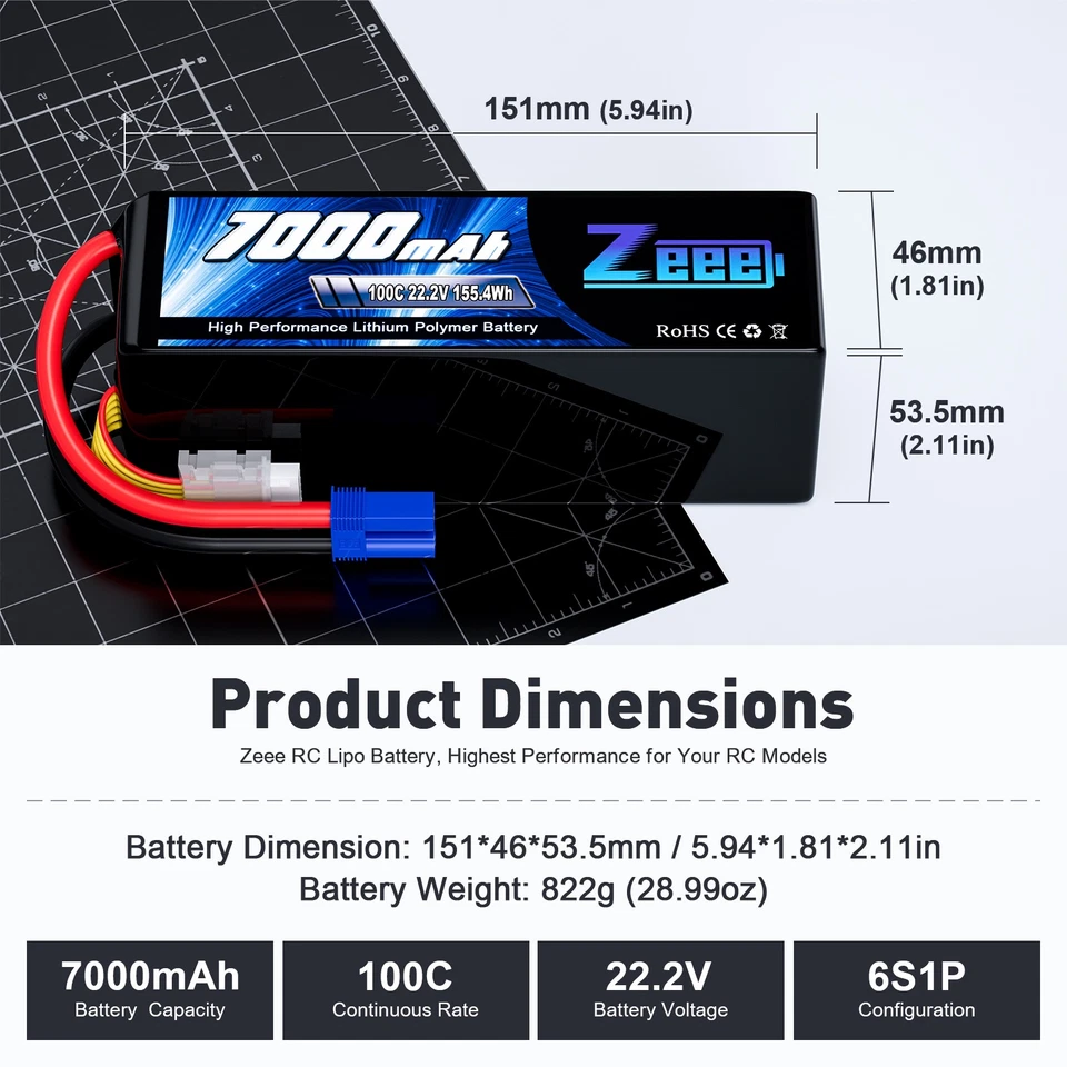 2x Zeee 22,2V 6S LiPo Akku 7000mAh EC5 100C Soft Shell für RC Flugzeug Auto Tank - Bild 3 von 4