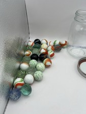 Lot of 29 Vintage Glass Shooter Marbles Mixed Swirl Speckled Colors w/ Jar