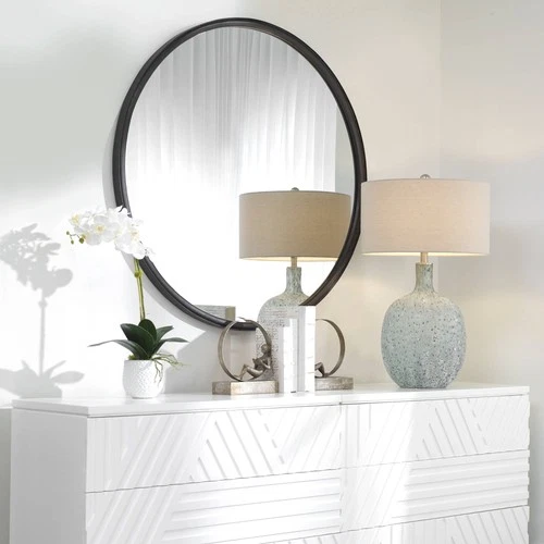 Round Vanity Wall Mirror Modern Black Gray Iron Frame 44" Wide Bathroom Bedroom - Picture 4 of 7