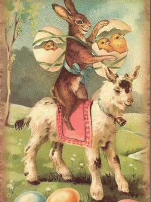 Postcard Happy Easter Rabbit Riding Goat Chicks and Colored Eggs Modern 6x4
