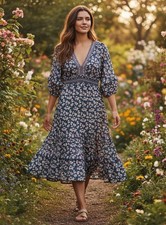 Max Studio Dress Size XS Floral Smocked Waist Navy Blue Floral Print V-Neck Boho