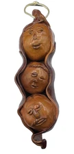 Handcrafted Clay Pottery "Three Peas in a Pod" Figurine Faces Kitschy Ornament
