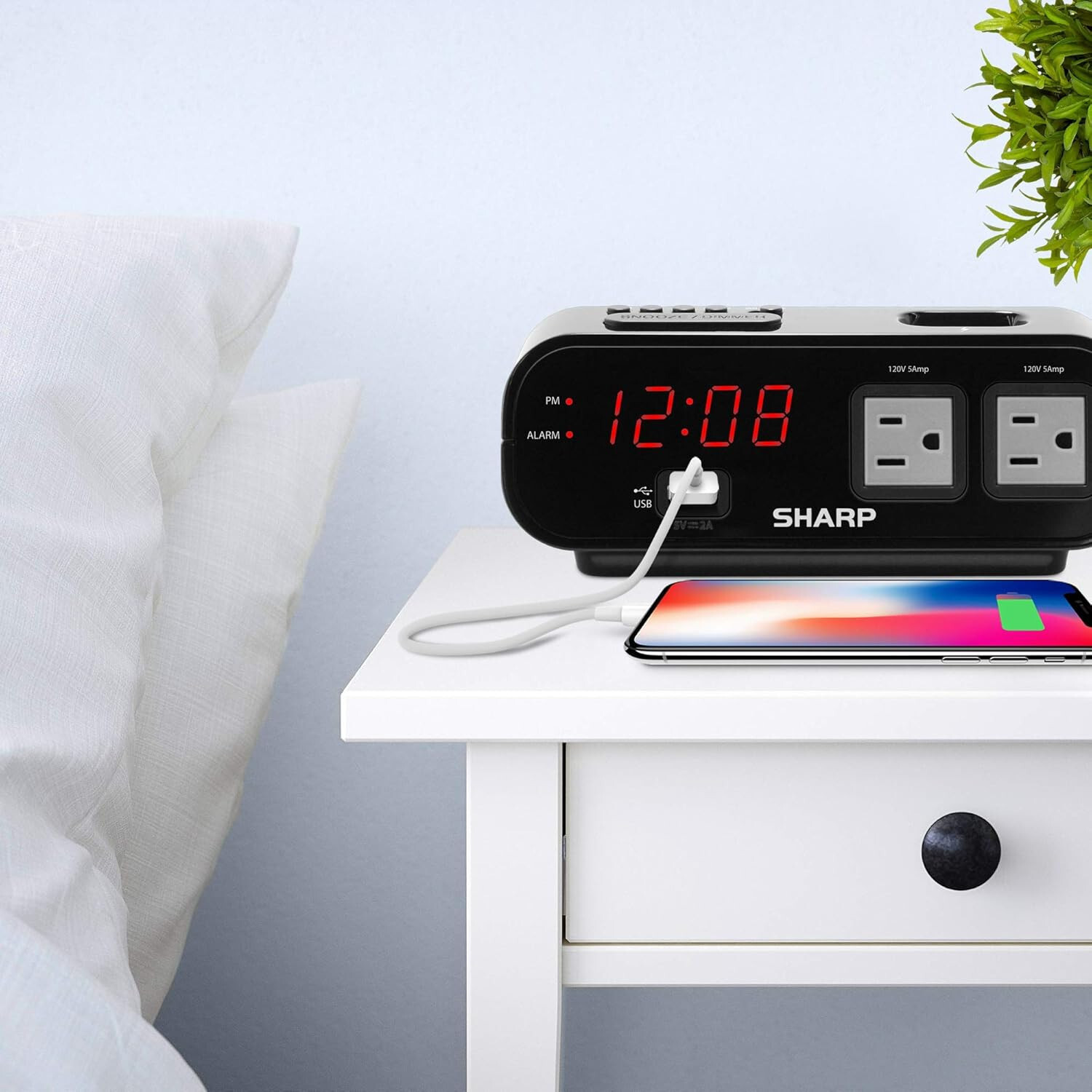 Sharp DIGITAL ALARM CLOCK with RAPID CHARGE 2 AMP USB PORT & 120V POWER OUTLETS