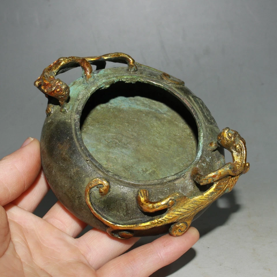 3.6" Chinese antique Fine carving brass Gilding Double Dragons Penwash - Image 4 of 4