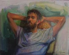 Original Oil Portrait Young Man Beard  Contemporary Realism Impressionism Figure