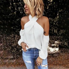 Ladies Elegant Sexy Off Shoulder Long Sleeve Tops Lady White Summer Shirt Blouse