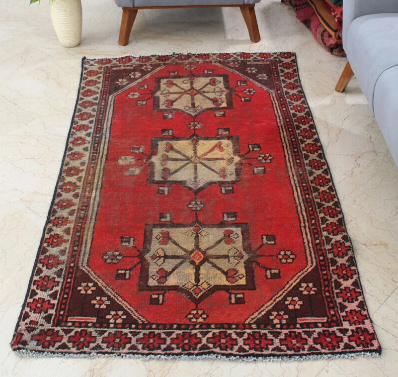 Alfombra geométrica tribal de lana anudada a mano oriental roja tradicional vintage 3x6 Foto 2 de 4