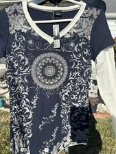New Directions Long Sleeve T Shirt Rhinestones Sz S Small Made in USA Dark Navy