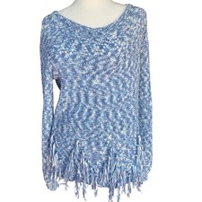 Ruby Rd Women  s Blue Long Sleeve Sweater With Fringe Hem Sz M