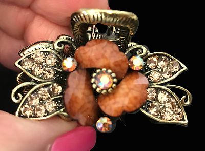 🦀 Barrette à Cheveux Cristal Ambre - 1 1/2'' Orange Brûlé Fleuri - Neuf Avec Étiquettes - NY Fashion Accessories