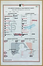 WALKER BUEHLER CAREER WIN #35 GAME-USED BASEBALL LINEUP CARD DODGERS GIANTS MLB