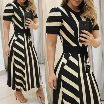 Elegant Women's Crew Neck Striped Long Dress Bodycon Short Sleeve Evening Party