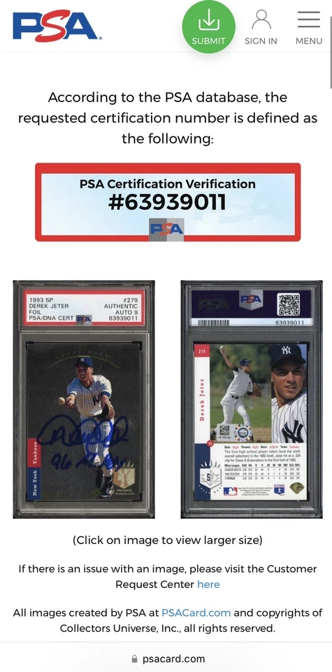 DEREK JETER AUTO 1993 SP LÁMINA DE TARJETA DE NOVATO 279 INSCRITA 96 AL ROY PSA 9 AUT0 RC Foto 2 de 4