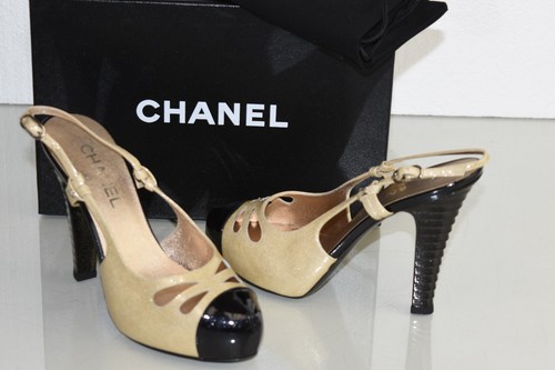 New Chanel Beige Black Patent Leather Glitter Platform Slingback Shoes 37 39 - Picture 2 of 19