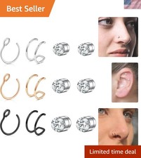 Stainless Steel Fake Nose Ring Collection - 9 Pcs Trendy Non-Piercing Styles