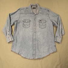 Wrangler Denim Shirt Mens 2X Tall Blue Western Yoke Light Wash Pearl Snap Cowboy