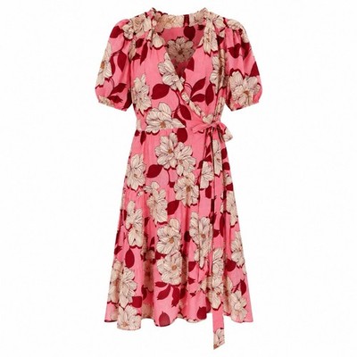 Draper James Pink Floral Wrap Midi Dress Women s Medium NWT Puff Sleeve