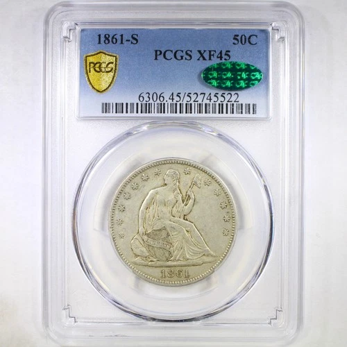 1861-S 50C PCGS/CAC XF45 - Liberty Seated Half Dollar