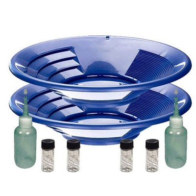 Sluice Monkey (2) 14'' Blue Gold Pans & Sniffer Bottles and Glass Vials