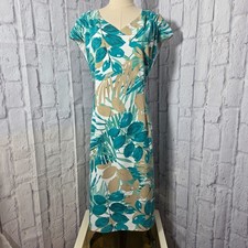 Preston & York Size 18 Teal Beige Palm Leaf Cap Sleeve Knee Length Shift Dress