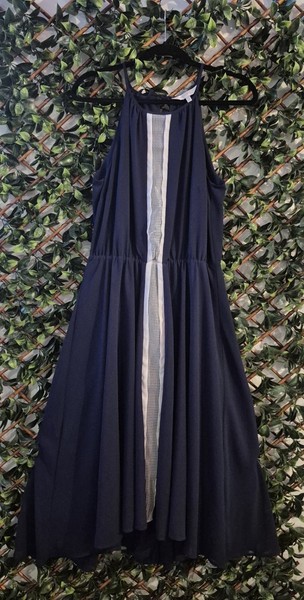 Grace Hill Navy Chiffon Midi Dress AU 14 Sleeveless Mesh Detail Work Casual