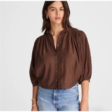 NWT Madewell Shirred Button Fromt Top XXS Balloon Sleeve Brown Cotton Viscose